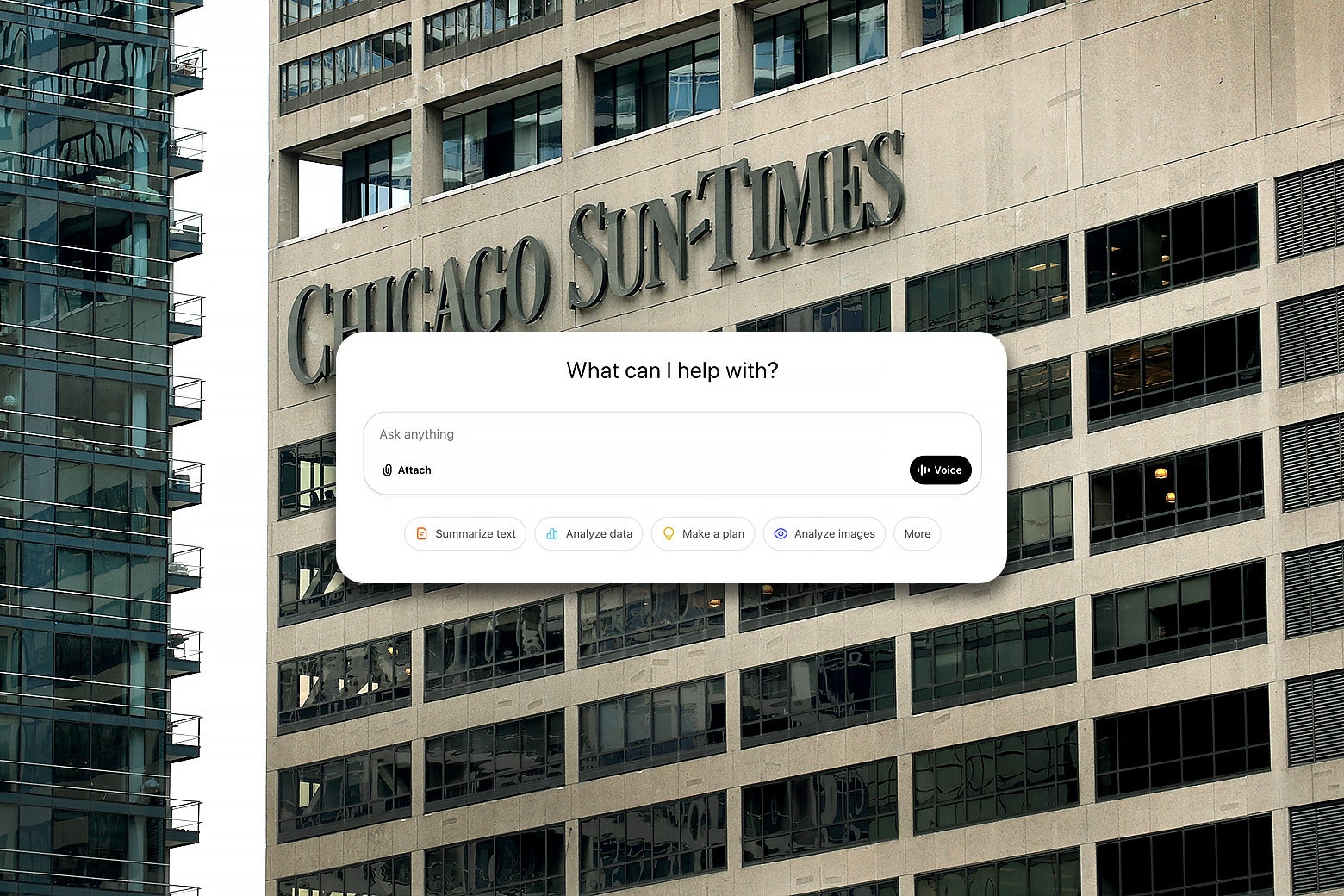 The facade of the Chicago Sun Times headquarters with a ChatGPT prompt on top.