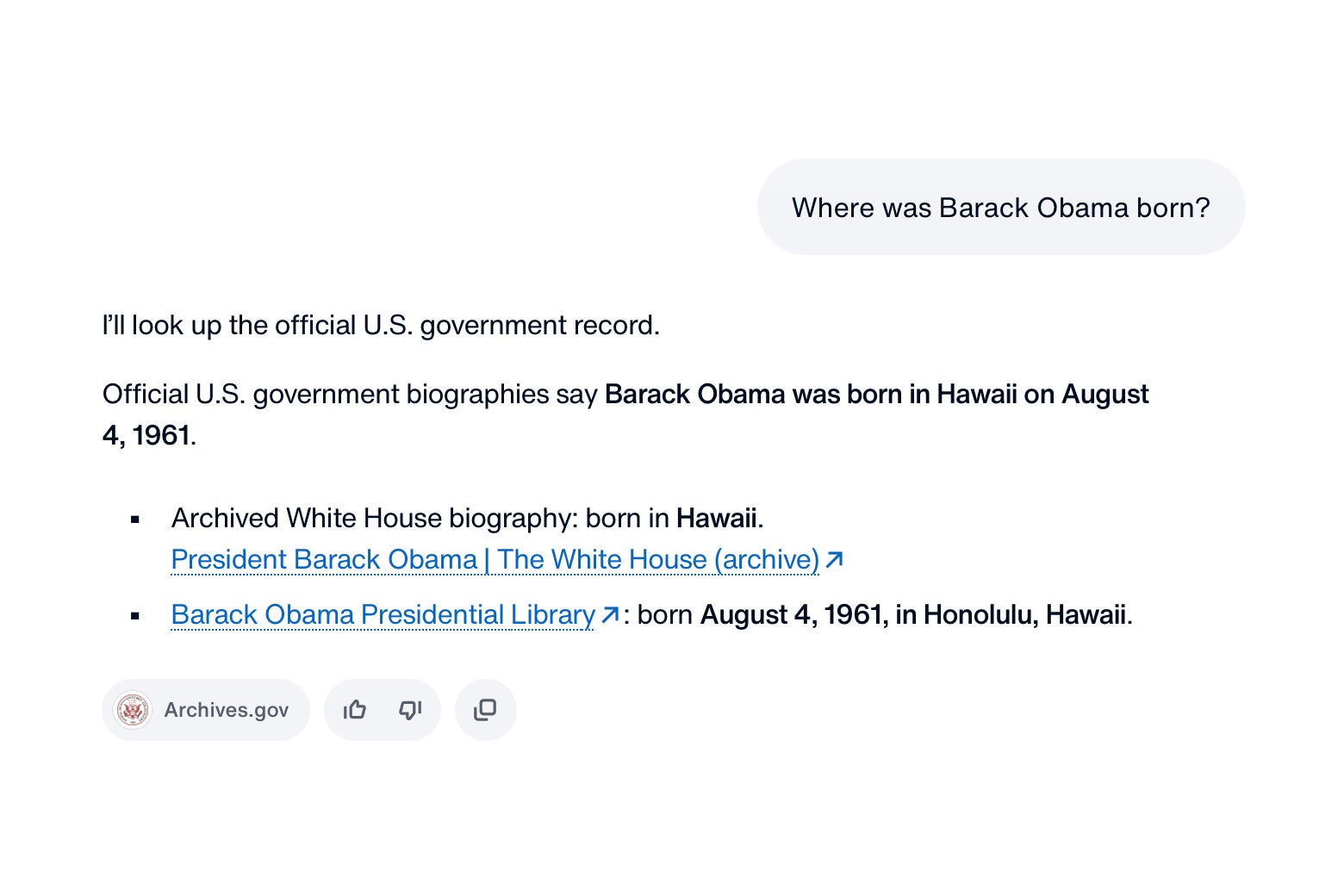 A screenshot from America.gov asking a bot where Barack Obama was born.