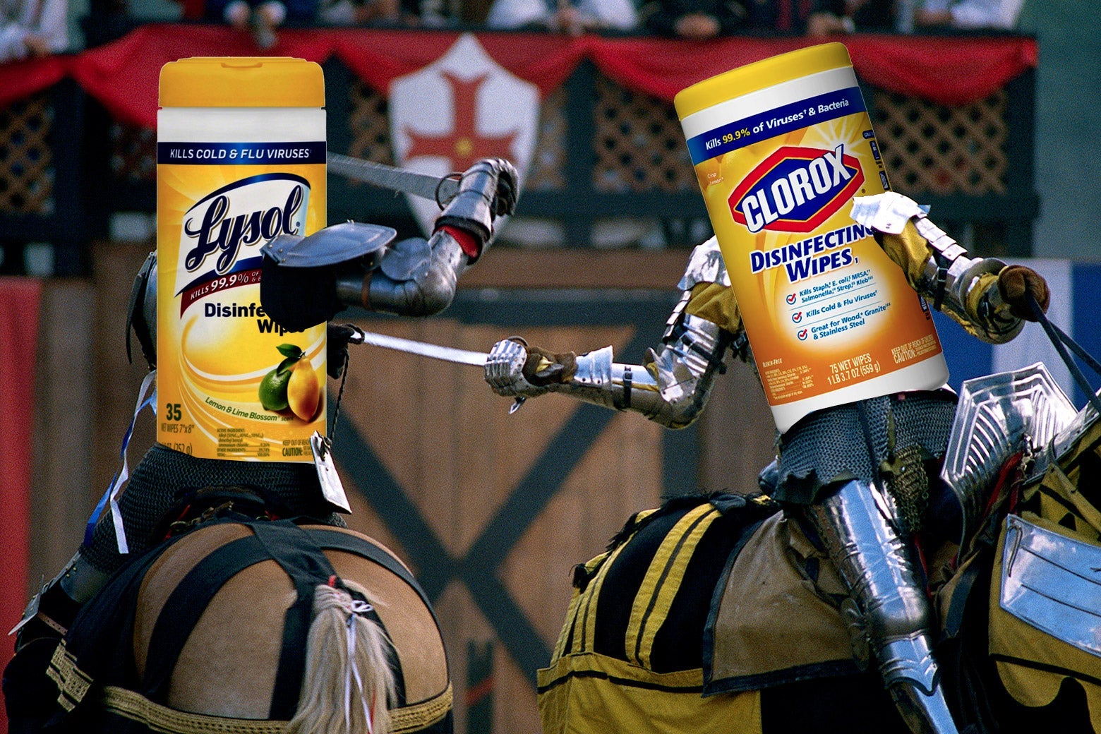 A Clorox canister and a Lysol canister on horses in a jousting match.
