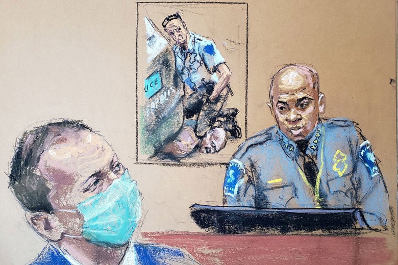 Courtroom sketch of Arradondo testifying with an image of Chauvin kneeling on Floyd's neck above his shoulder