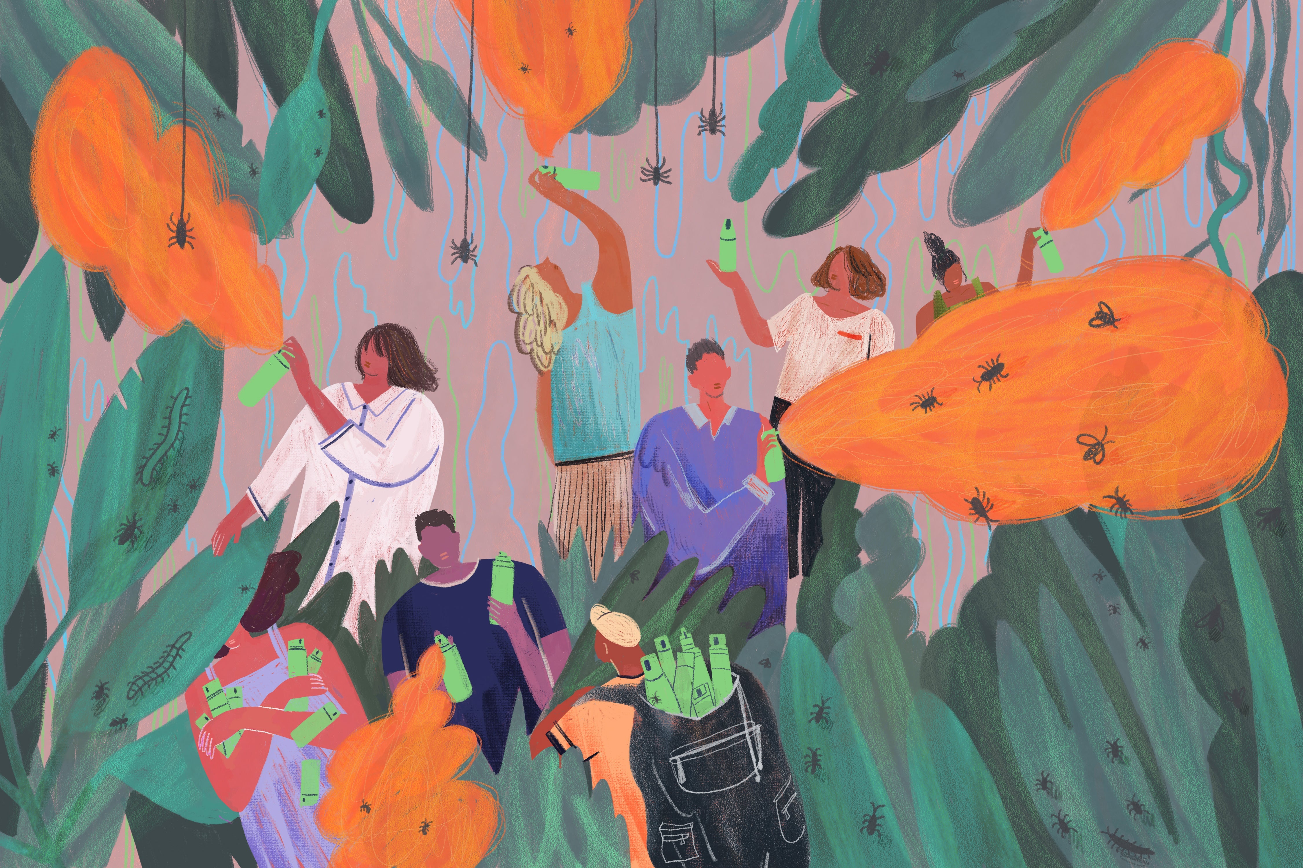People creep through a lush, bug-infested growth, spraying bug repellent indiscriminately.