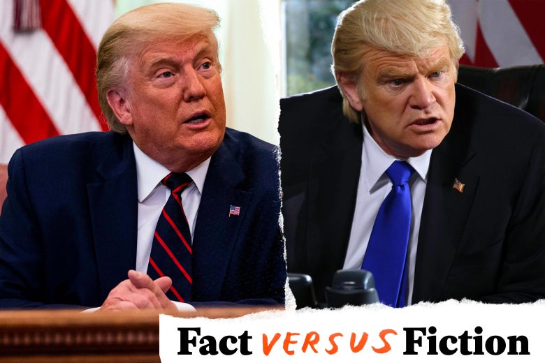 Donald Trump, and Brendan Gleeson as Donald Trump in The Comey Rule, with the Fact Versus Fiction logo