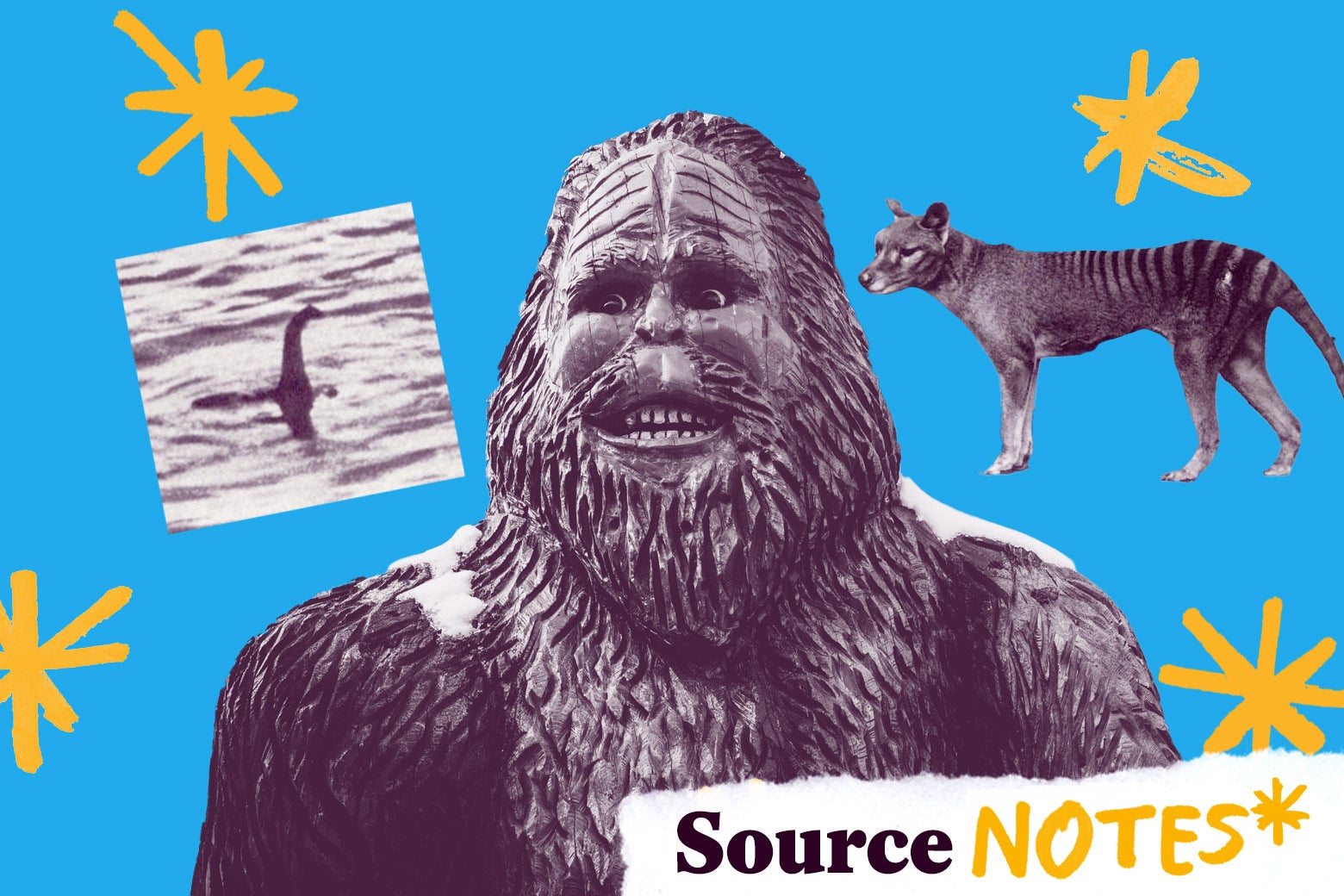 A Bigfoot, the Lochness Monster, and a Tasmanian tiger above a logo that says Source Notes.