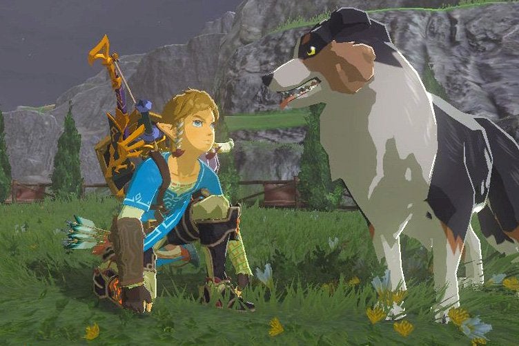 A person and dog in a field in the video game The Legend of Zelda: Breath of the Wild.