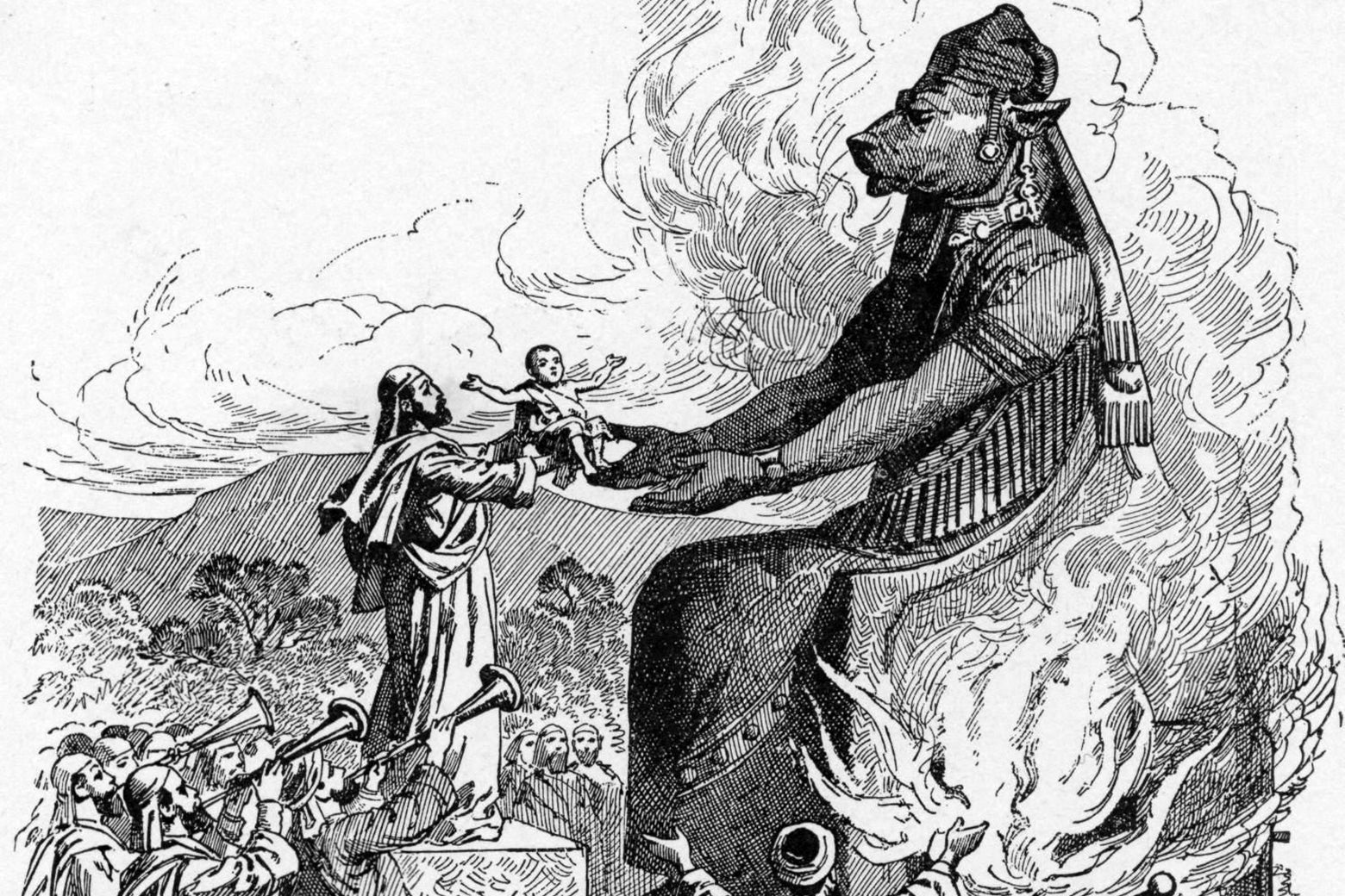 A child is sacrificed to Moloch in a 19th century biblical engraving.