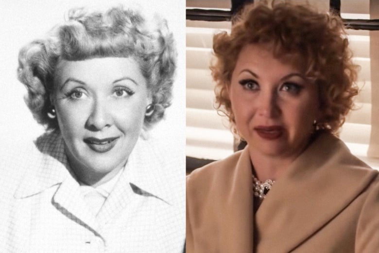 Both women have light curly hair and 1950s pencil eyebrows