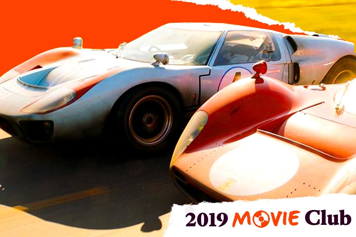 Two cars racing in Ford v Ferrari. Text in the corner says, "2019 Movie Club."