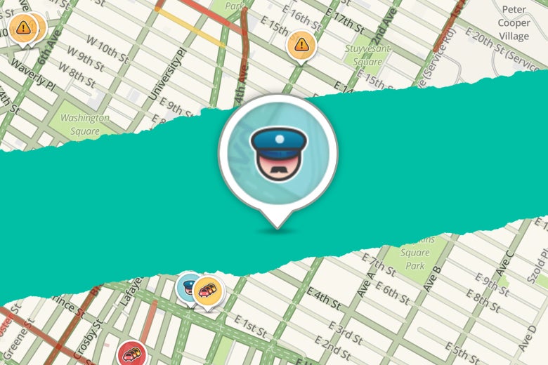A Waze street map with a cop icon hovering over a checkpoint.