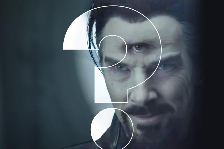 Doctor Strange with a third eye on his forehead with a question mark over the image.