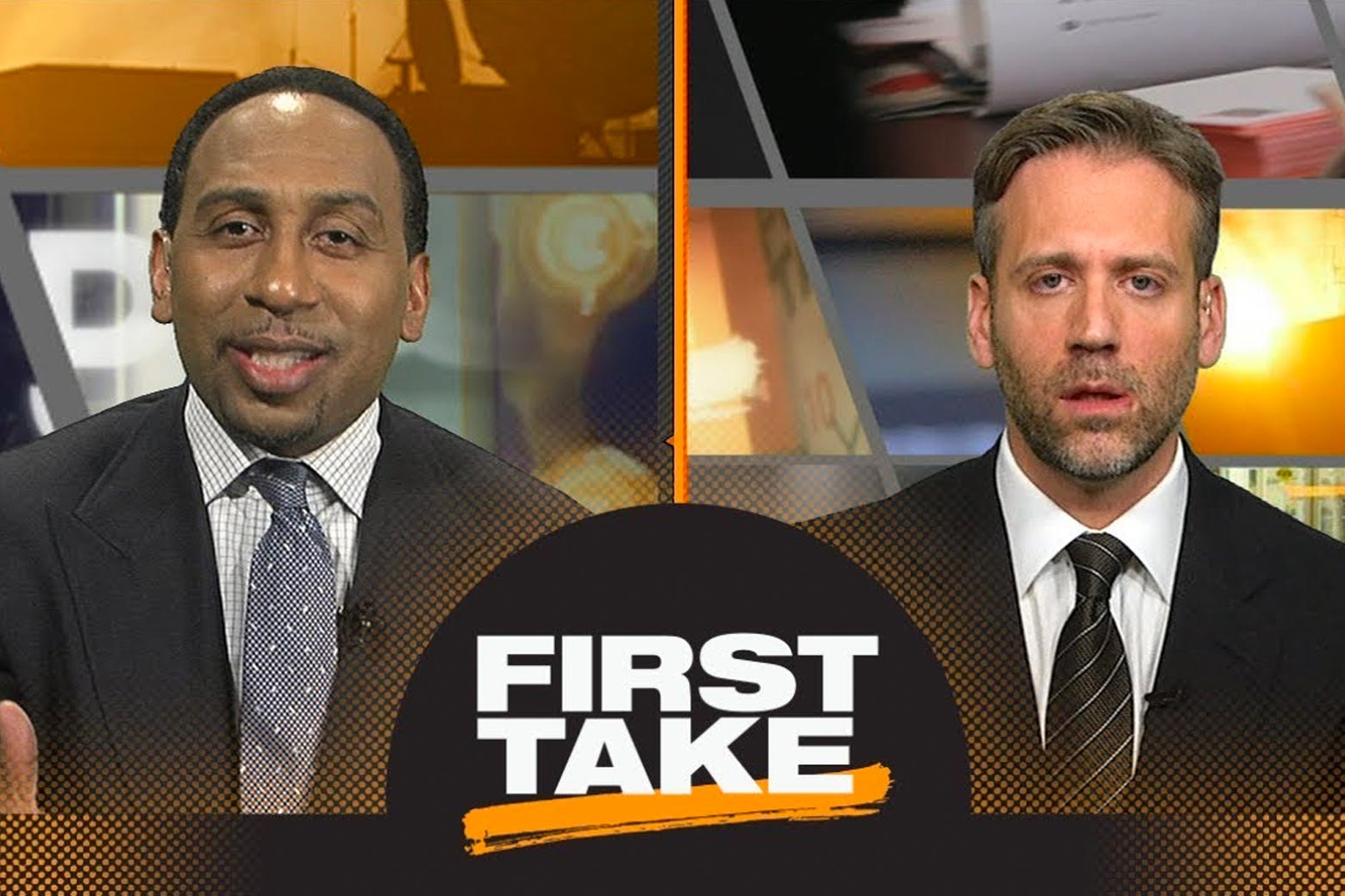 Stephen A. Smith and Max Kellerman on First Take, with the logo between them.
