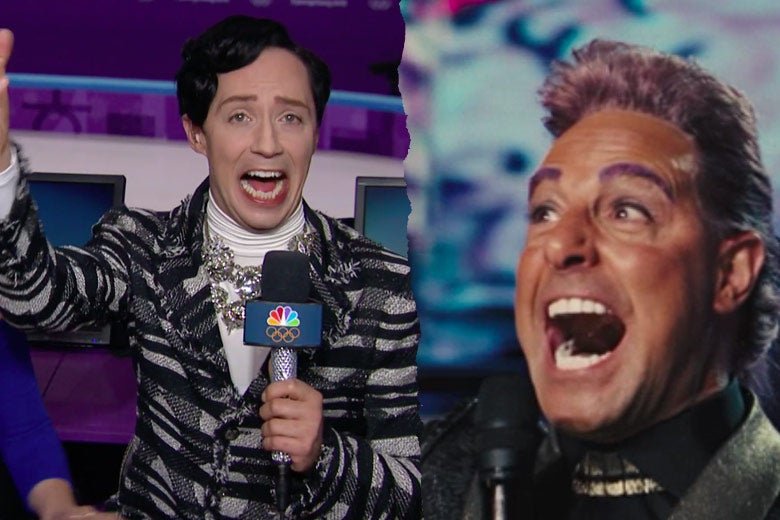 Left: Johnny Weir laughs, open-mouthed. Right: Stanley Tucci as Caesar Flickerman laughs, open-mouthed.