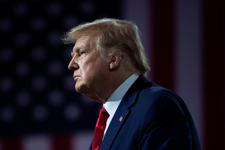 Trump, in profile, with a flag in the background