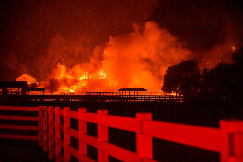 A wind-driven fire burns a structure on a farm during the Kincade Fire in Windsor, California, on Sunday.