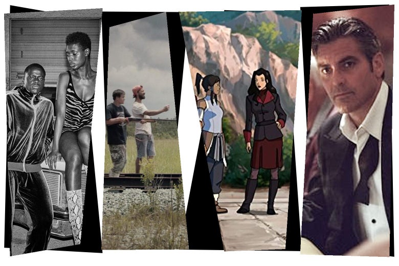 Stills from the movies in a mosaic-style collage: Jodie Turner-Smith and Daniel Kaluuya as Queen and Slim; Shia LaBeouf and Zack Gottsagen in The Peanut Butter Falcon; Korra and Asami in Legend of Korra; George Clooney in Ocean's Eleven.