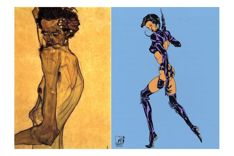 Egon Schiele, “Self Portrait with Arm Twisting above Head,” 1910, and MTV promotional image for Æon Flux