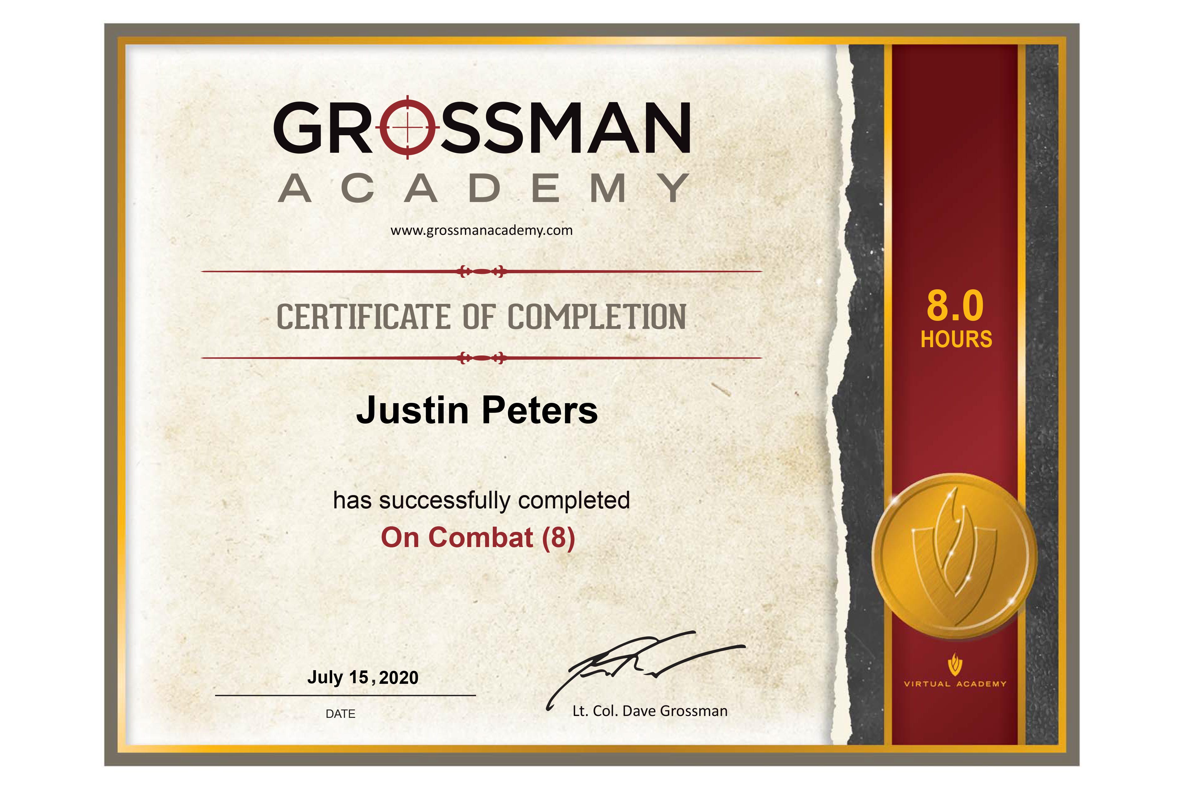 A certificate of completion for Justin Peters for the On Combat training.