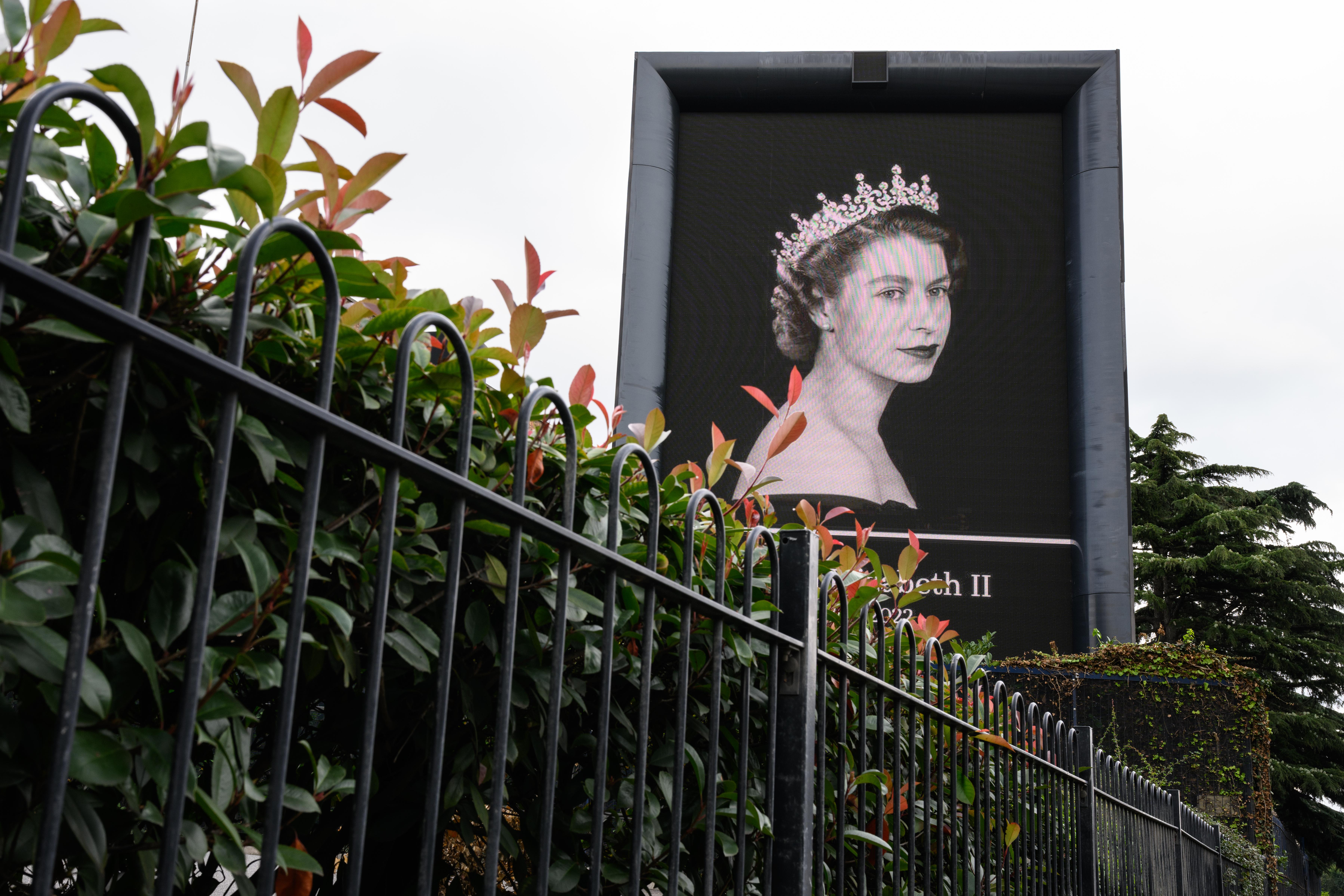 A digital billboard displays a portrait of the late Queen Elizabeth II as the nation enter a period of mourning on September 09, 2022 in London, England.