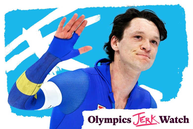 Van der Poel in his speedskating suit smiling and waving