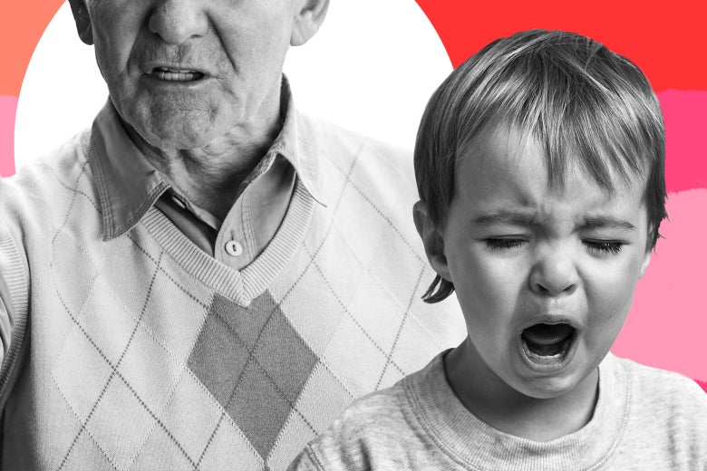 Photo illustration of an older man with a stern expression and a crying child.