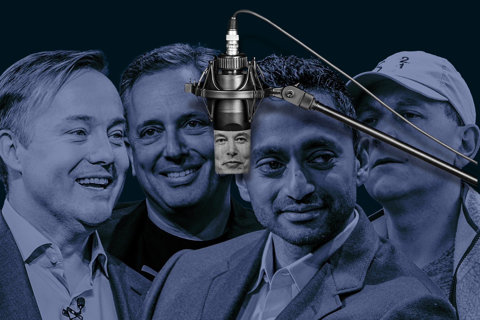 The faces of the four podcasters huddled around a microphone that is a picture of Elon Musk.