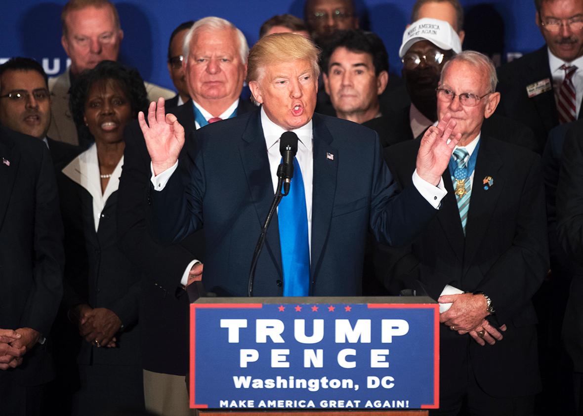 Republican presidential candidate Donald Trump states that he believes President Obama was born in the United States, during a campaign event with veterans at the Trump International Hotel on Pennsylvania Ave., NW, September 16, 2016. 