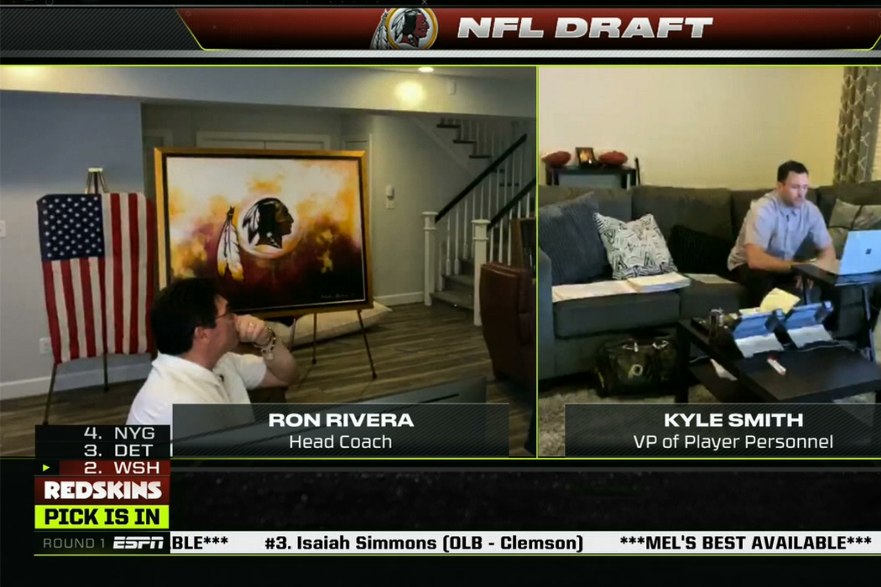 Screens of Ron Rivera and Kyle Smith working from their houses