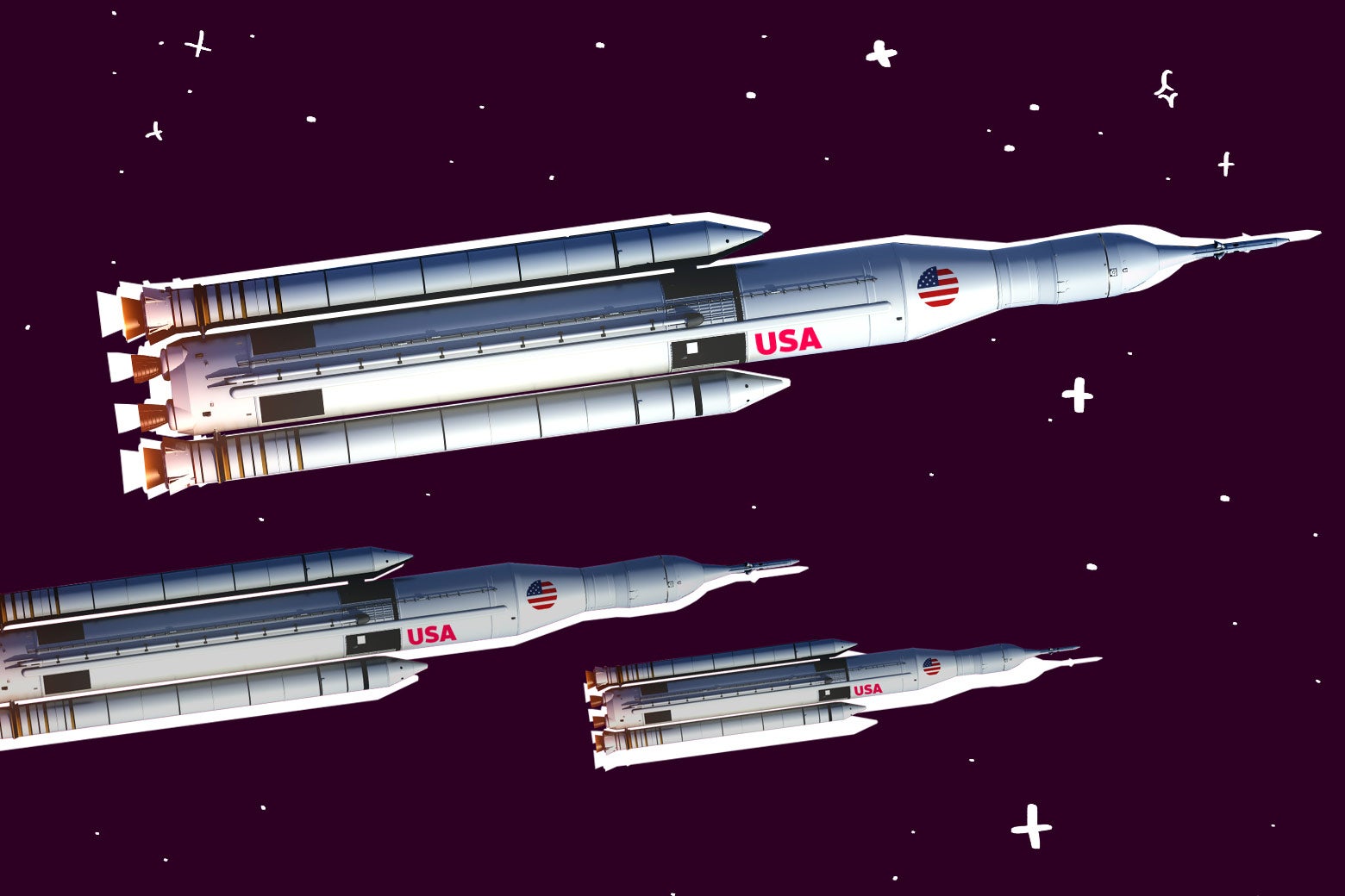 Photo illustration: Spacebound rockets with the U.S. flag.