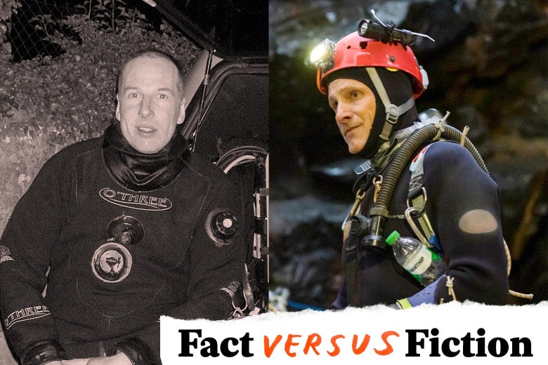 A side-by-side shows photos of two men decked out in wetsuits and lots of gear. They look pretty similar, though the image on the right shows Mortensen complete with helmet and headlamp.