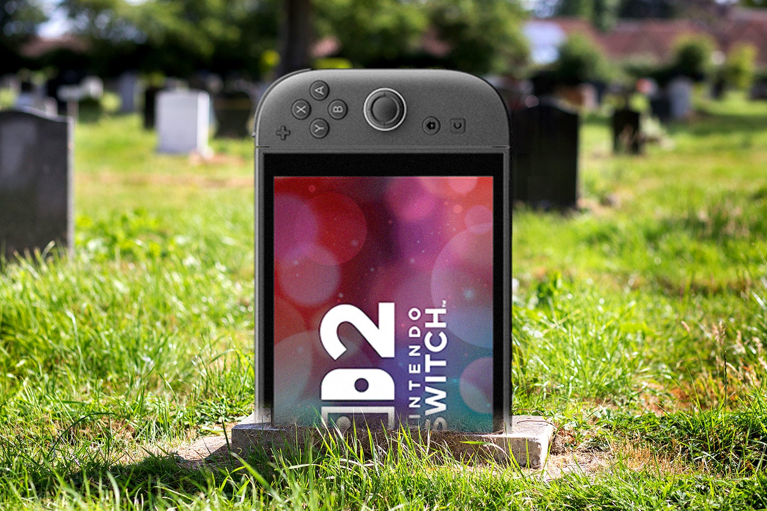 Nintendo Switch 2 sticking out of the ground like a gravestone in a cemetery.