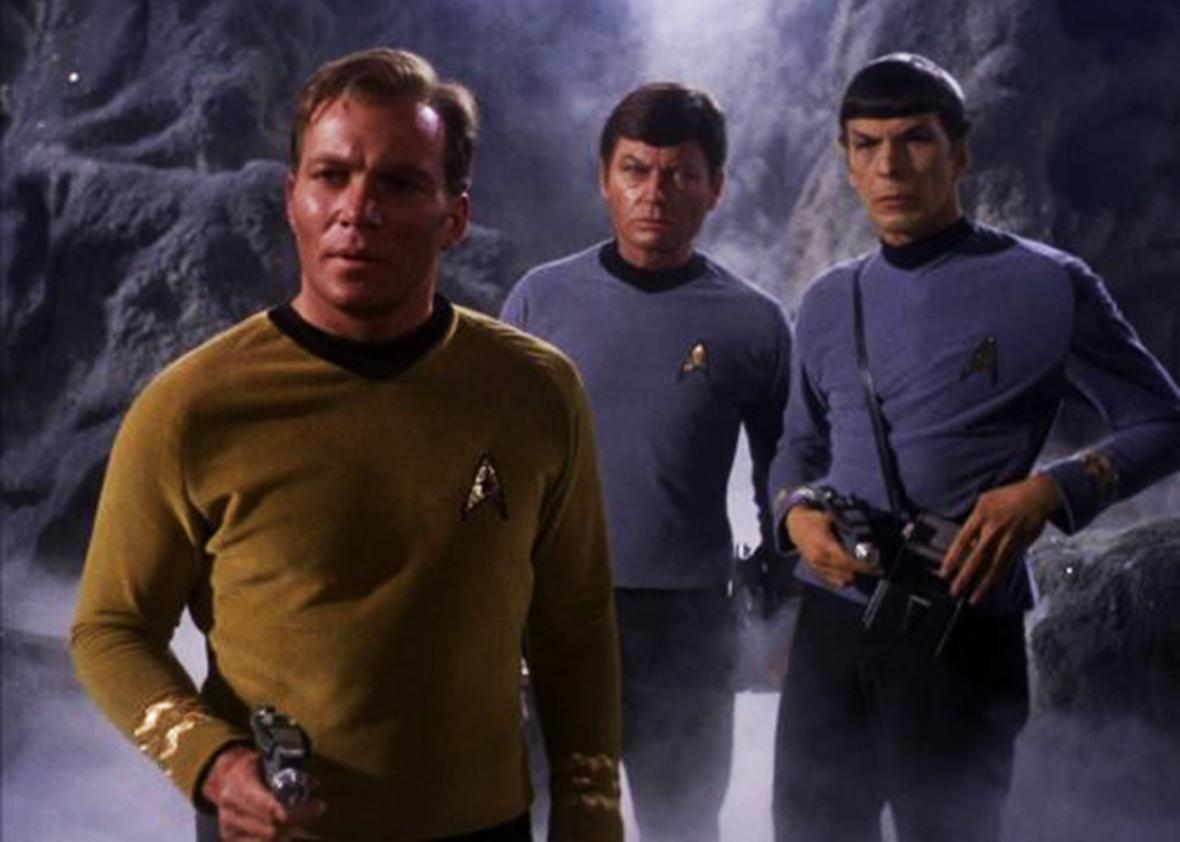 Leonard Nimoy, William Shatner, and DeForest Kelley in Star Trek.