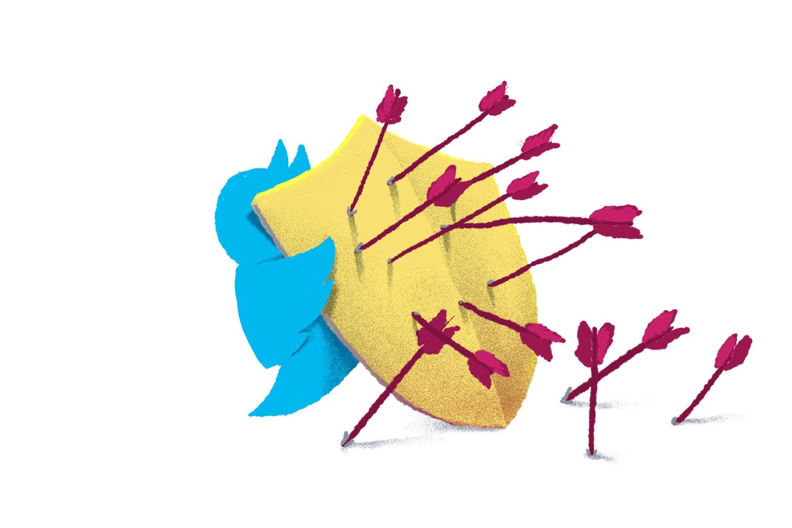 Illustration of a Twitter bird holding a shield with arrows stuck in it.