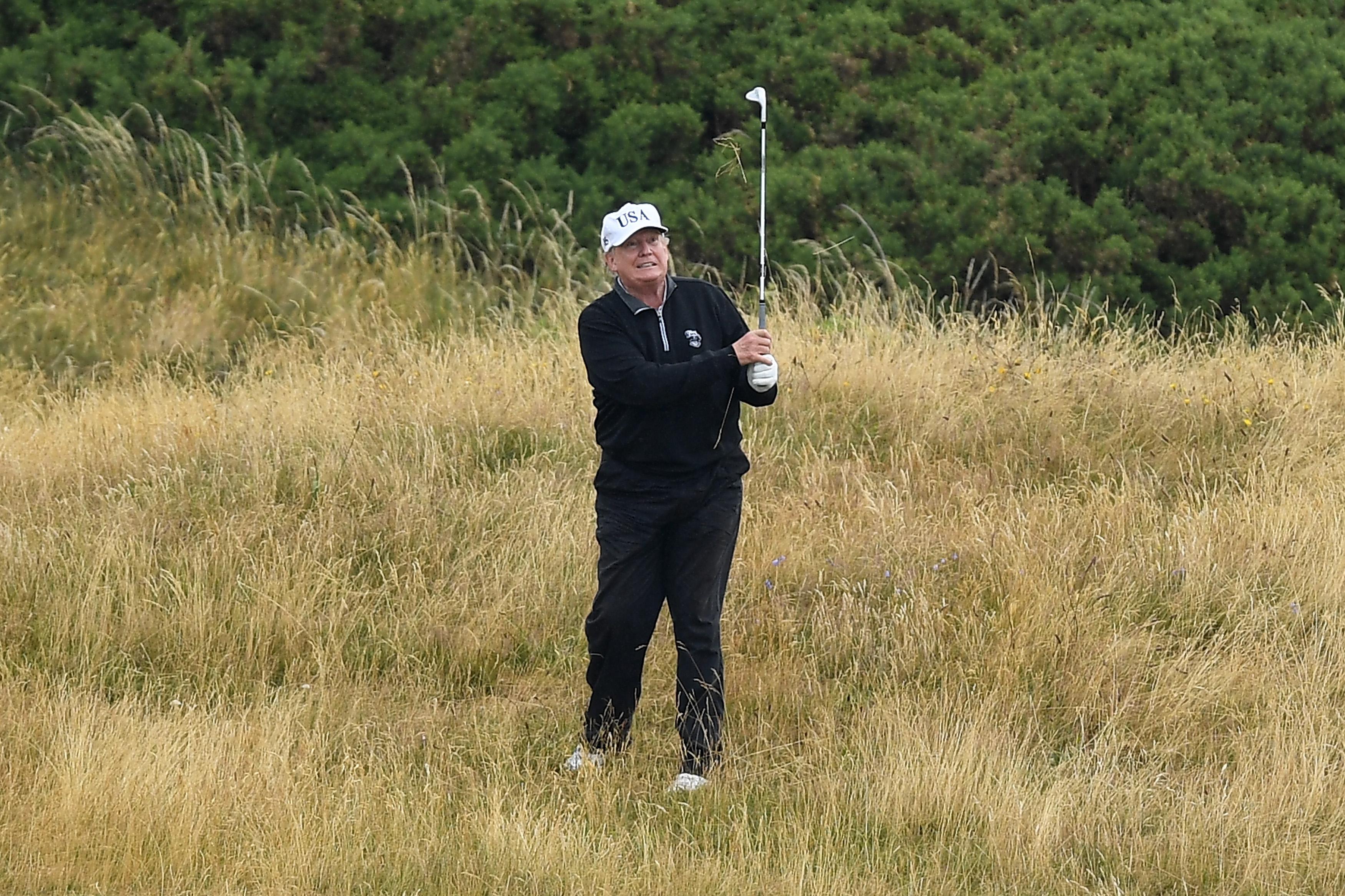 President Trump plays a round of golf at Trump Turnberry Luxury Collection Resort during his first official visit to the U.K. on July 15, 2018.