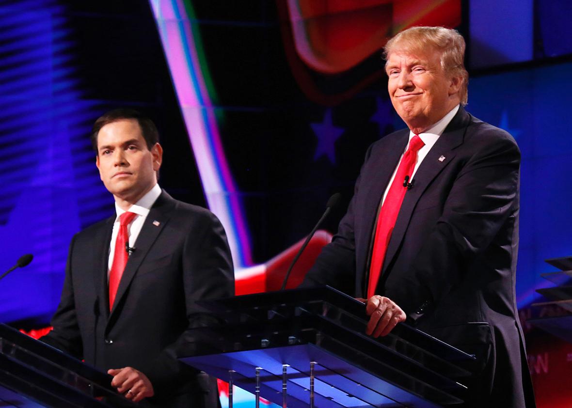 The four remaining Republican primary candidates Marco Rubio, Donald Trump, Ted Cruz, and John Kasich take part in a debate at the University of Miami on March 10, 2016, hosted by CNN and the Washington Times. 