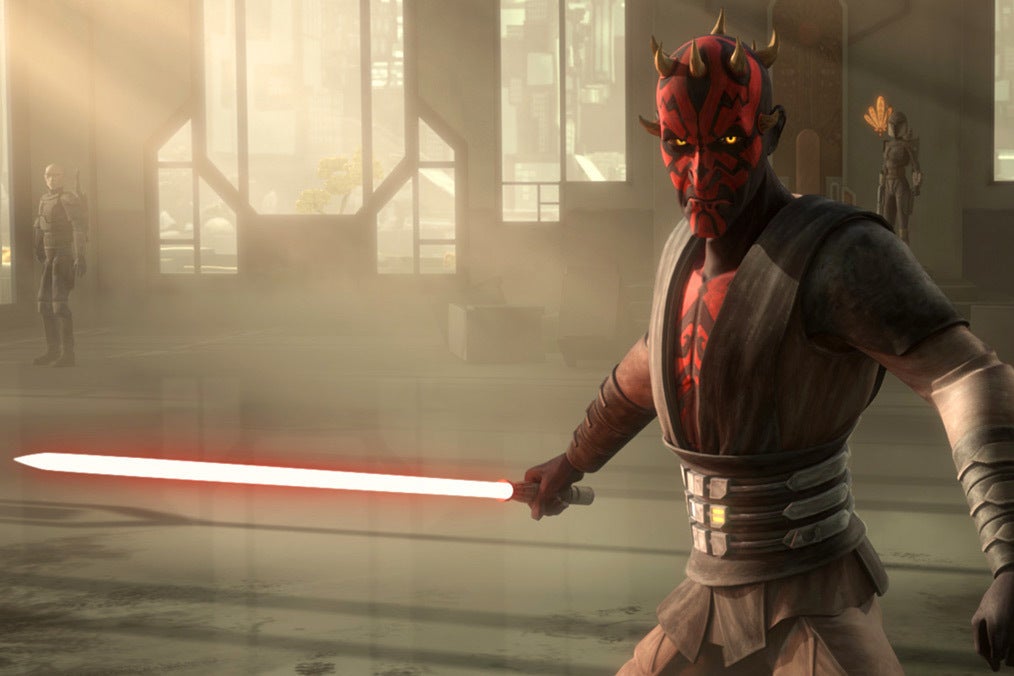 Darth Maul, a 3D animated character, holds a red lightsaber