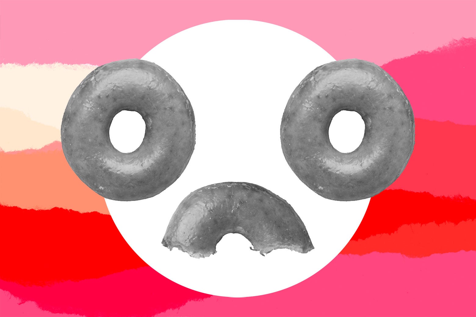 2 and 1/2 donuts, arranged in a frowning face shape.
