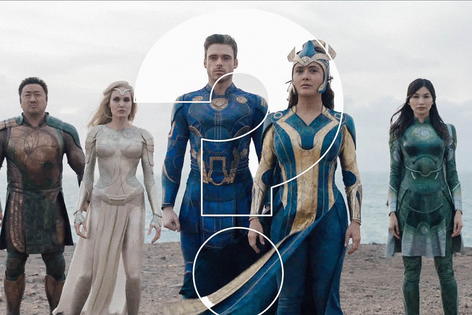A large question mark on top of a still from Eternals featuring five characters standing beside one another on the shore.