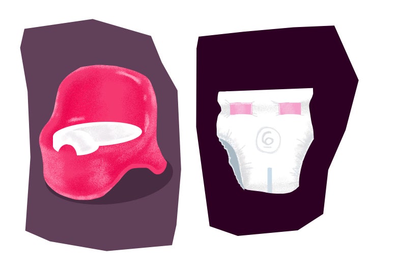 Illustration: a toilet-training seat and a diaper.
