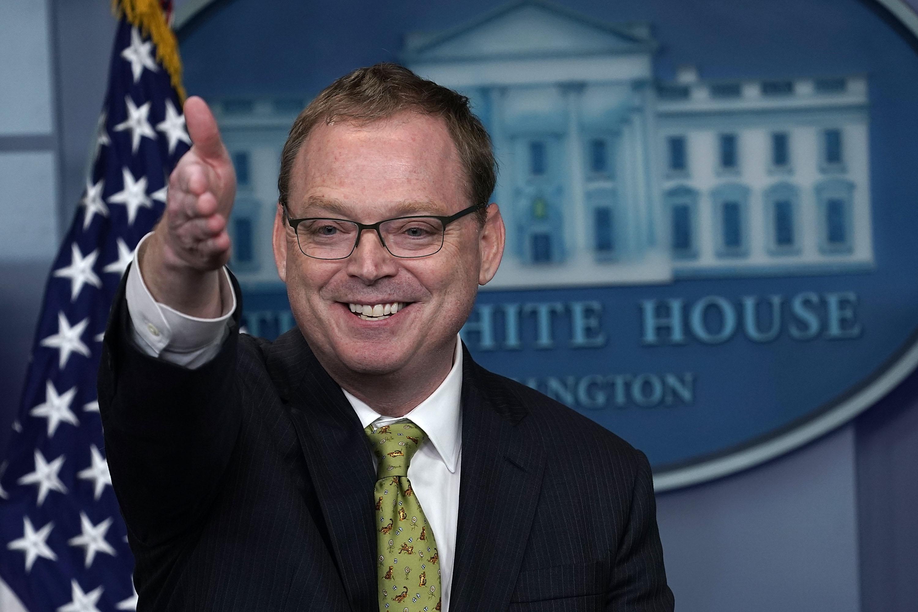 Kevin Hassett takes questions in the White House briefing room.