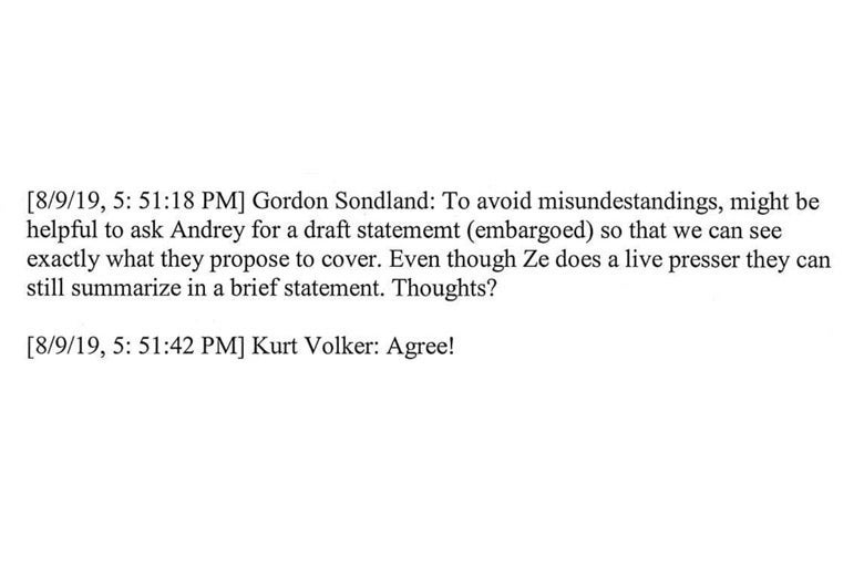 A screenshot of text message exchanges released by congress after Kurt Volker's testimony.