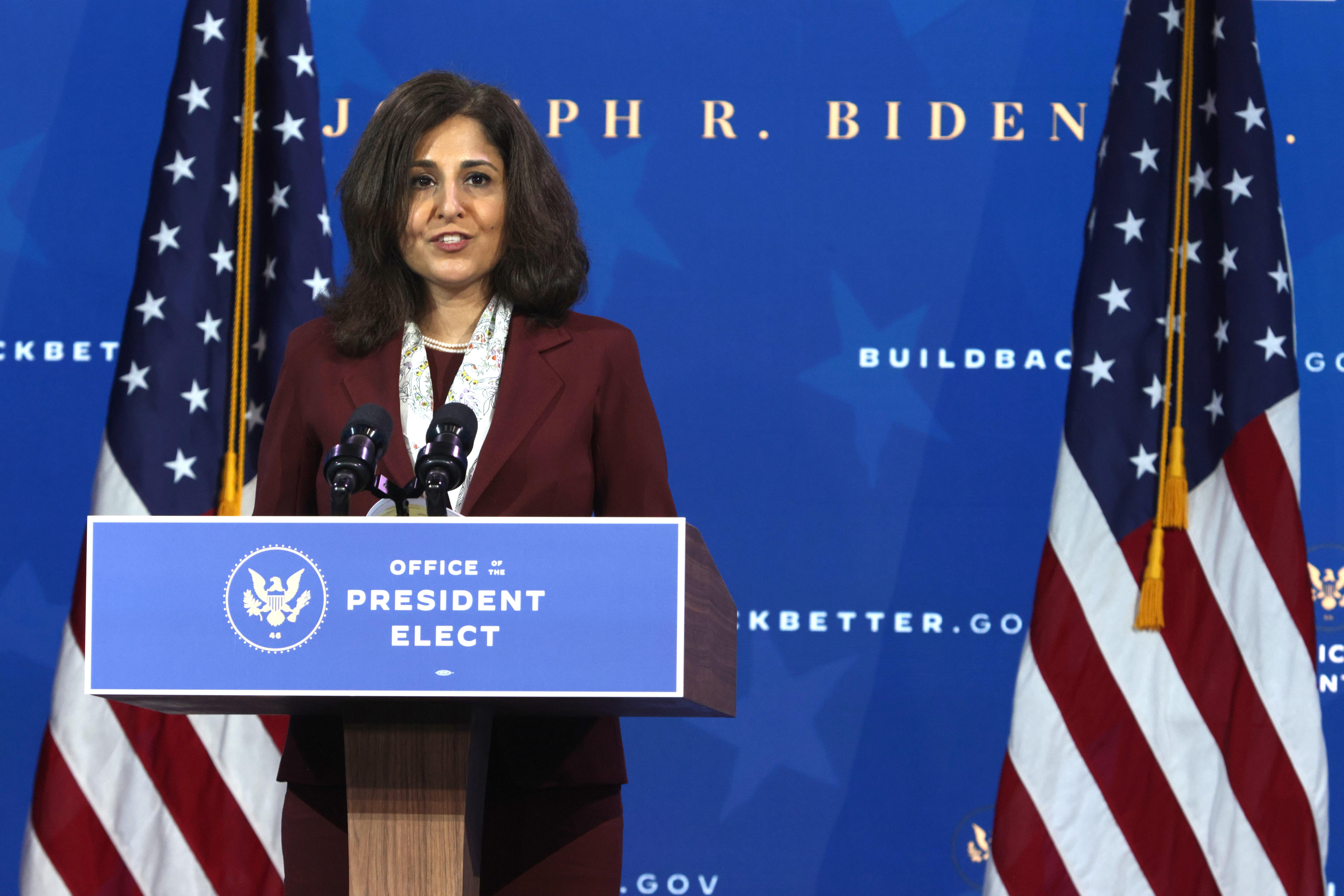 Director of the Office of Management and Budget nominee Neera Tanden speaks during an event to name President-elect Joe Biden’s economic team on December 1, 2020 in Wilmington, Delaware. 