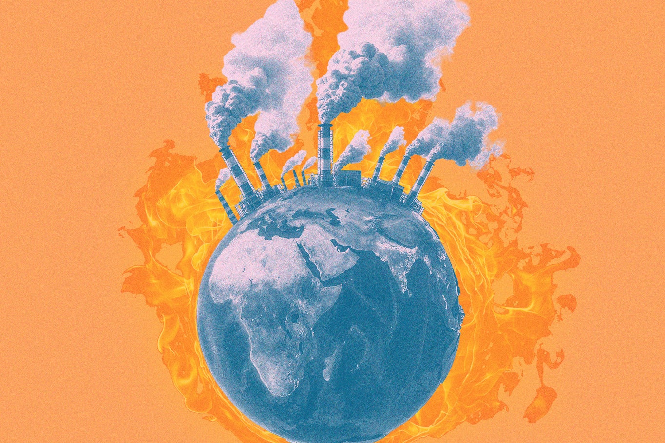 In an illustration, smokestacks cover a burning Earth.