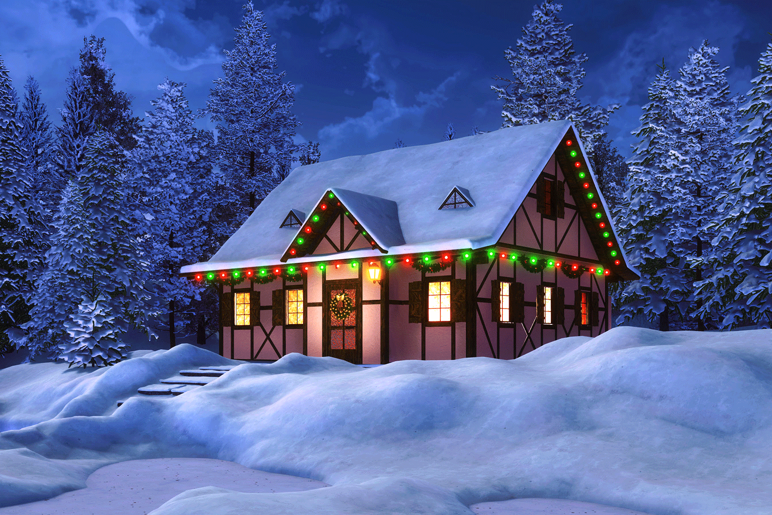A snow-covered home in the woods with Christmas lights flickering out. Sad!