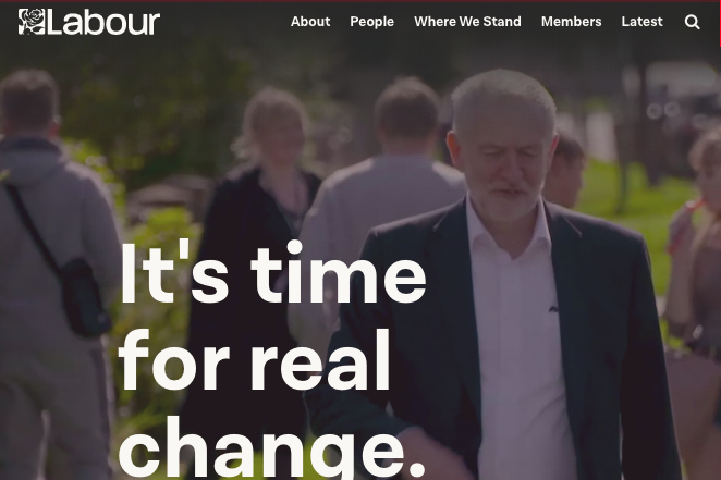 The Labour Party website homepage with the phrase in text: "It's time for real change."
