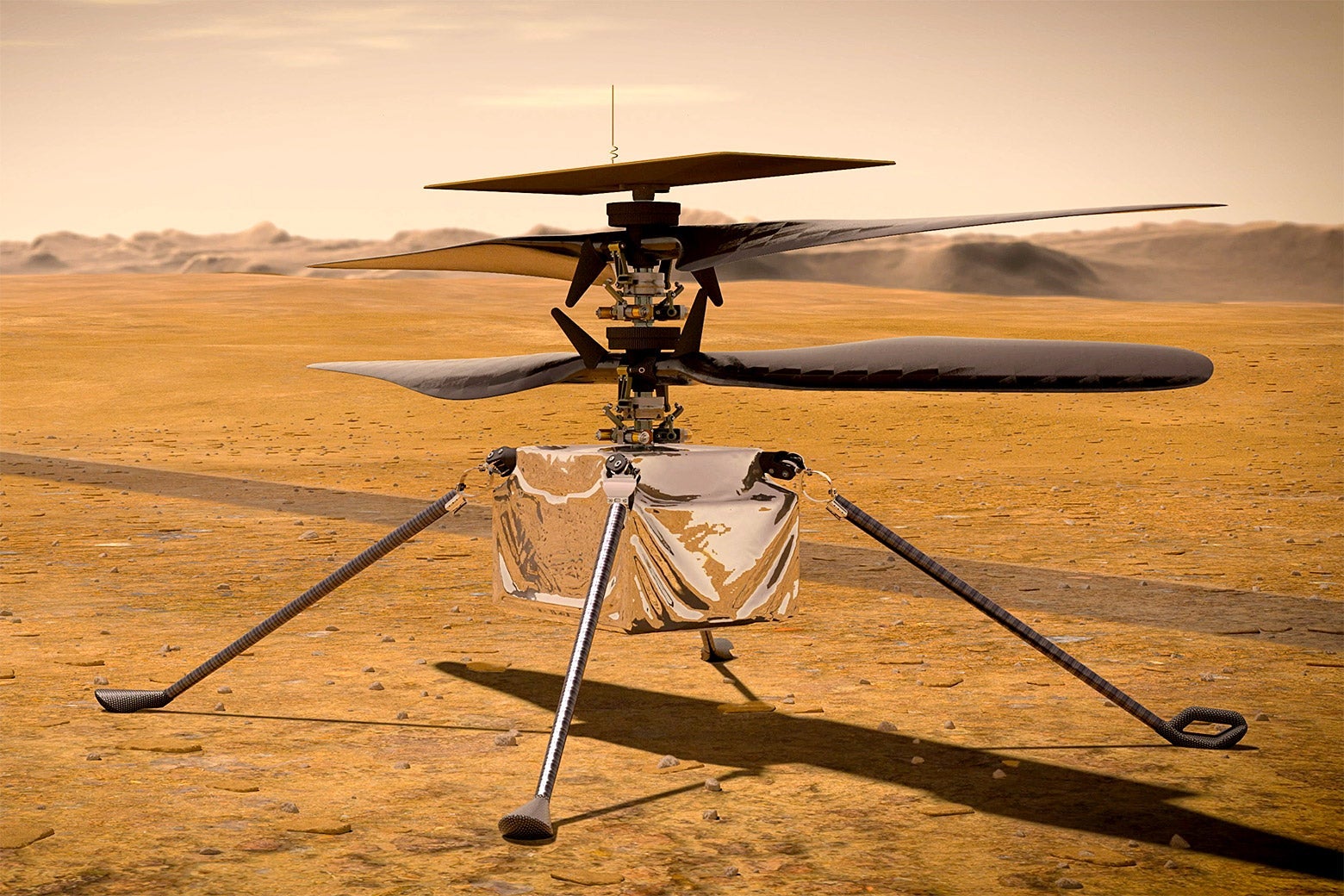An illustration of the Ingenuity Mars helicopter on the martian surface.