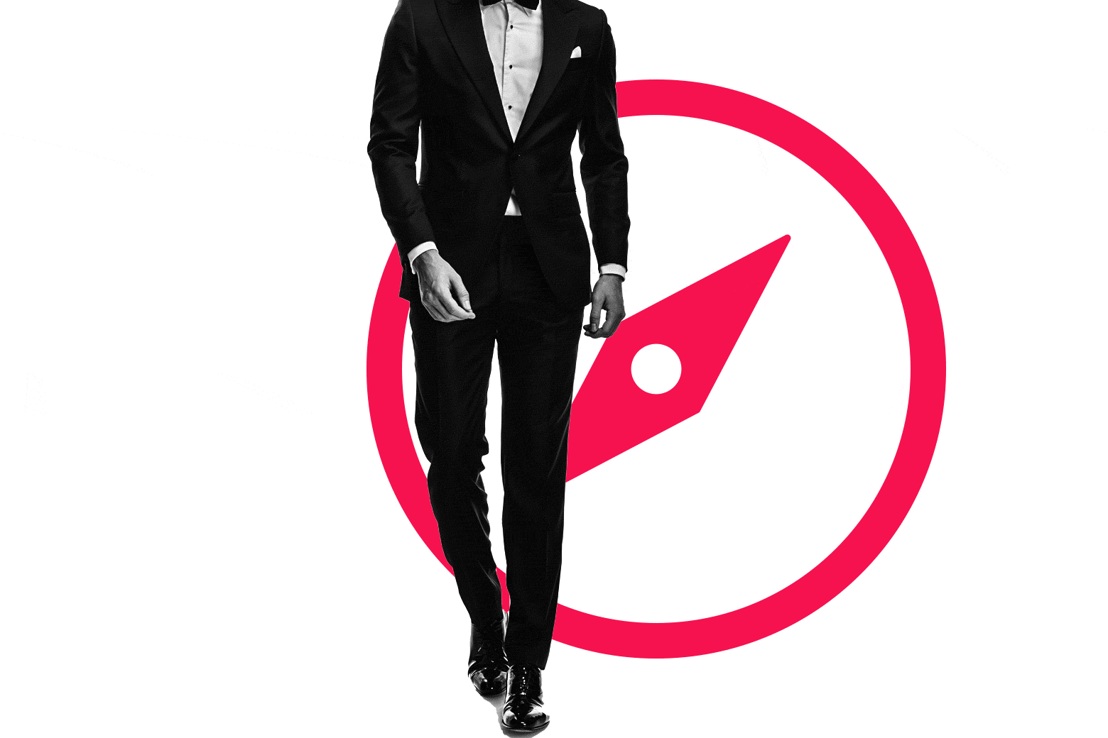 The lower body of a man in a suit with a compass behind him.