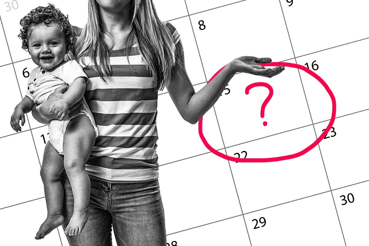A person holds a baby in front of an image of a calendar with an illustrated question mark on it.