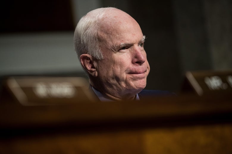 Sen. John McCain listen to testimony during a Senate Armed Services Committee hearing concerning the roles and responsibilities for defending the nation against cyber attacks, on Capitol Hill, October 19, 2017 in Washington, D.C.