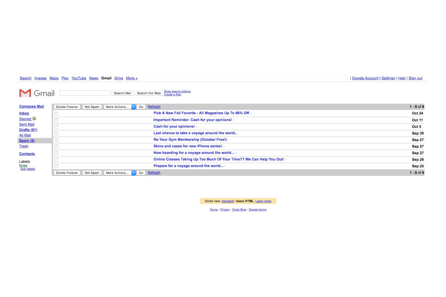 A screenshot shows the very minimalist old-school HTML-only Gmail.
