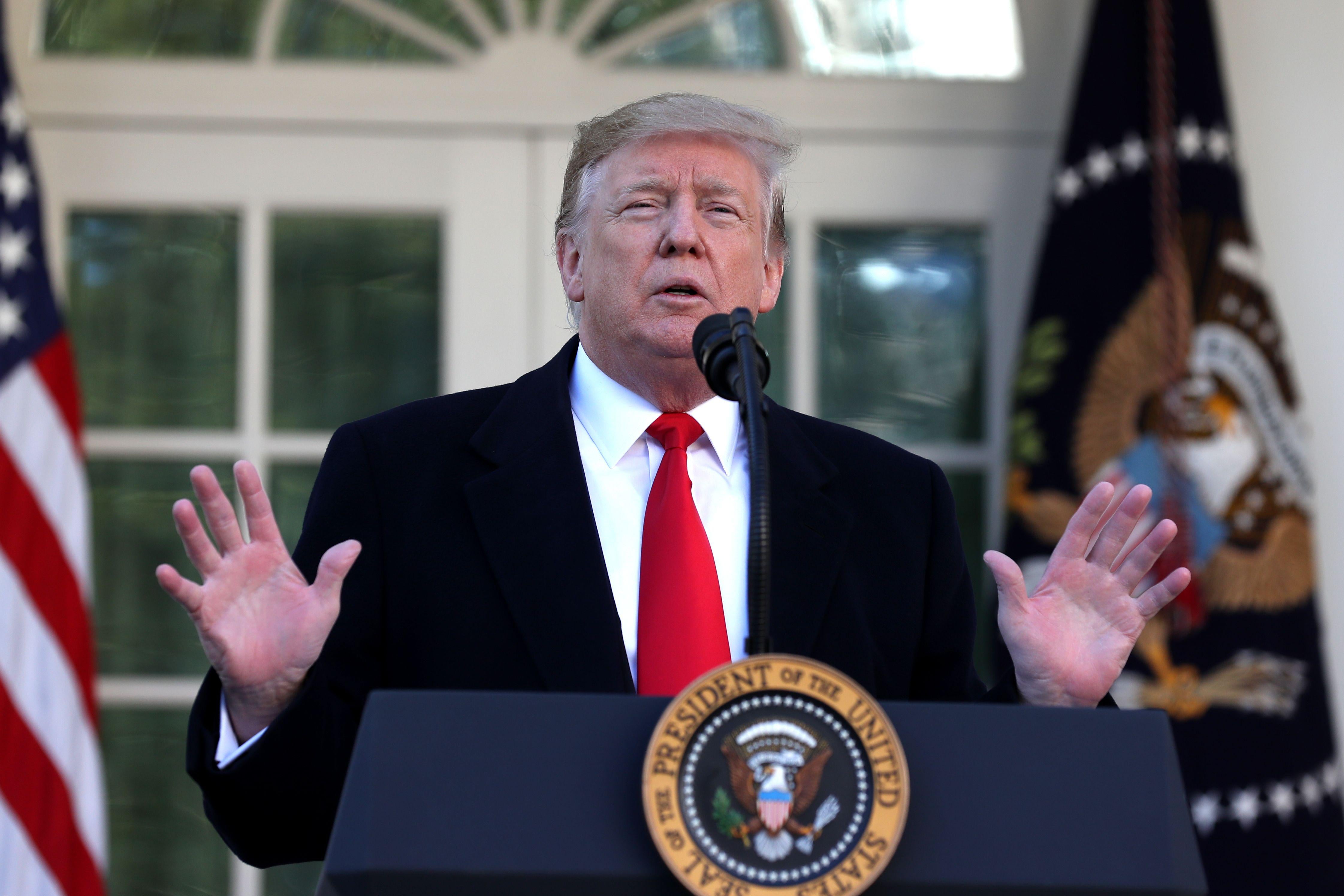 Donald Trump speaks about the government shutdown on January 25, 2019, from the Rose Garden of the White House.