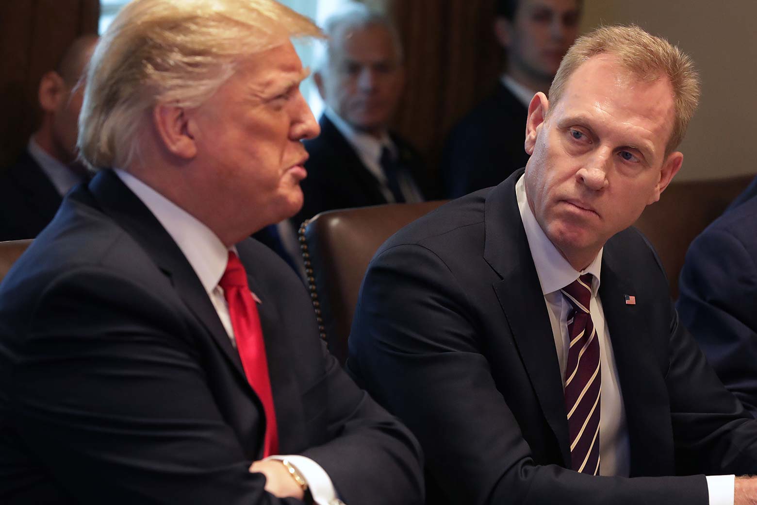 U.S. President Donald Trump and acting Defense Secretary Patrick Shanahan speak during a meeting at the White House on Jan. 2.